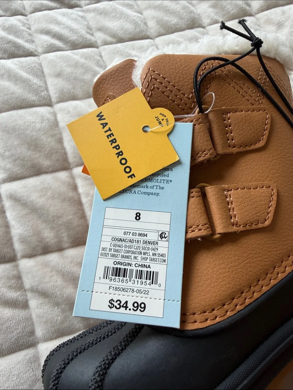 NWT Sz. 8 Cat & Jack Kids Tan and Black Faux-Fur Winter Duck Snow Boots